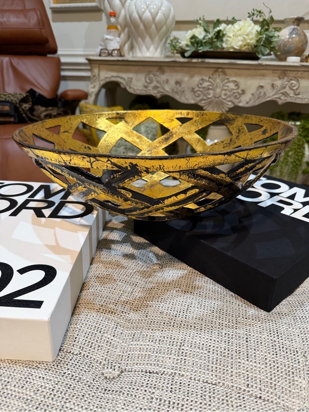 Decorative Gold and Black Lattice Metal Bowl - Home Accents